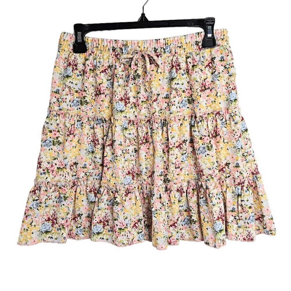 NWT ALELLY Tiered Skirt BLUE RED YELLOW FLORAL size S 4 6 Cottagecore Boho Beach